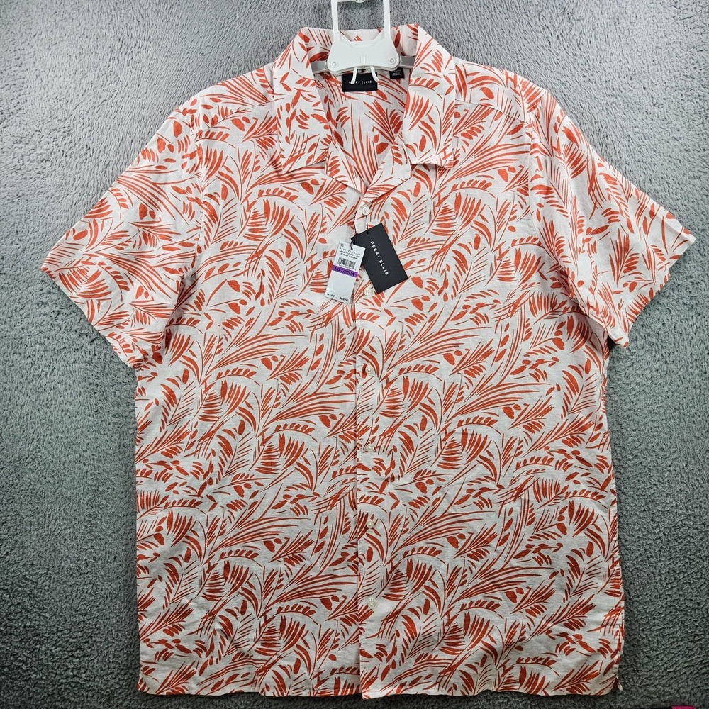 $89 NEW Perry Ellis Summer Shirt Men 2XLT Linen Leaf Short Sleeve Orange‎ White